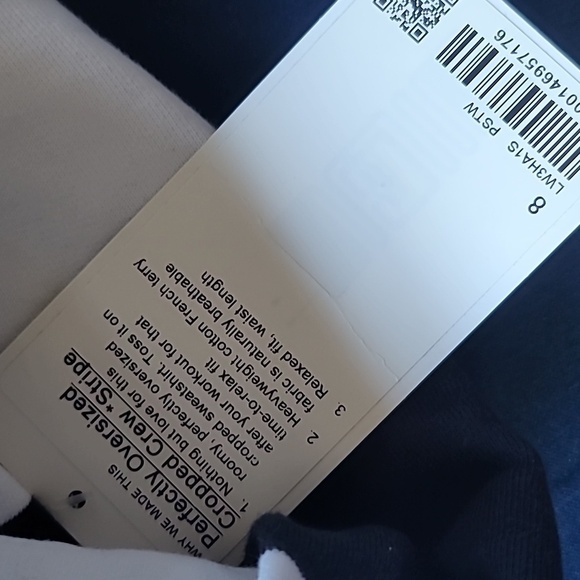 Lululemon, Perfectly Oversized Cropped Crew, Navy and White Stripe, Size 8, NWT! - Picture 5 of 5